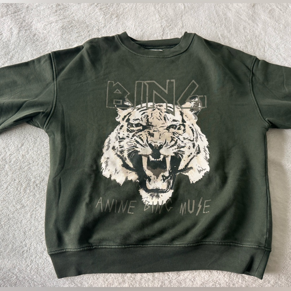 Anine Bing Olive Green Crewneck with Tiger Graphic